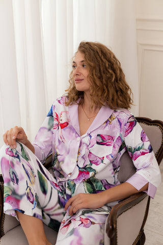 DreamCat Women's Sateen Pajamas Set - Luxurious Bouquet