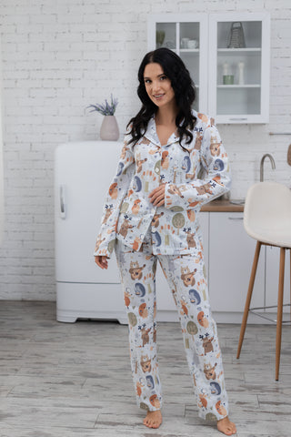 DreamCat Warm Flannel Women's Pajamas  Woodland Friends